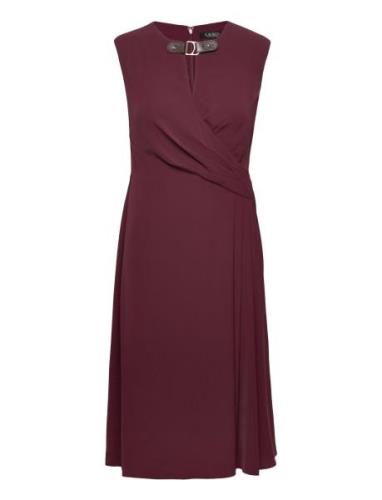 Buckle-Trim Georgette Cap-Sleeve Dress Knelang Kjole Burgundy Lauren R...