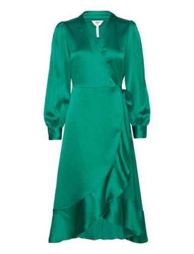 Objsateen Wrap Dress A Fair Knelang Kjole Green Object