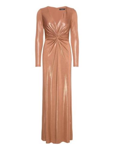 Twist-Front Foil-Print Jersey Gown Maxikjole Festkjole Gold Lauren Ral...