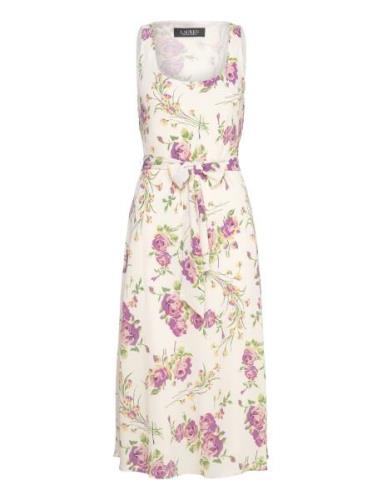 Floral Belted Crepe Sleeveless Dress Knelang Kjole Cream Lauren Ralph ...