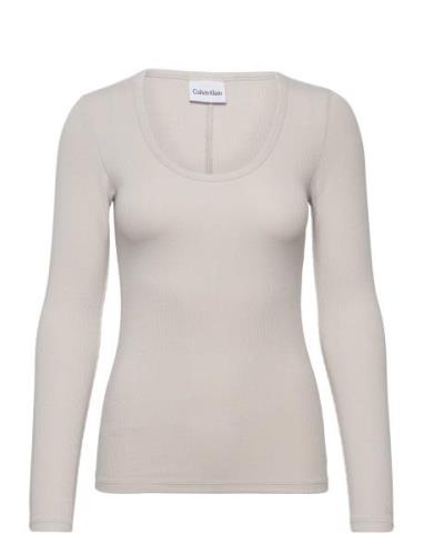 Modal Rib Scoop Neck Ls Top Tops T-shirts & Tops Long-sleeved Grey Cal...