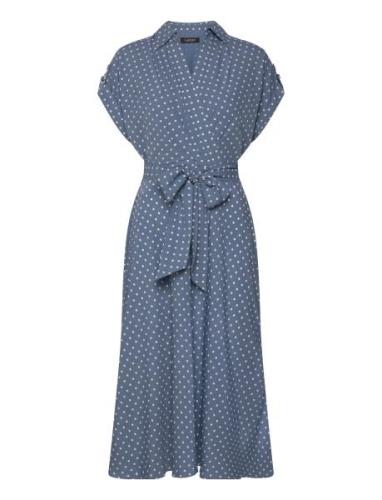 Polka-Dot Belted Crepe Dress Knelang Kjole Blue Lauren Ralph Lauren