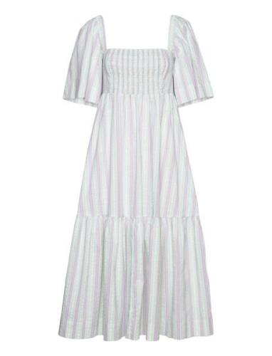 Stripe Seersucker Ruffle Midi Dress Knelang Kjole Blue Ganni