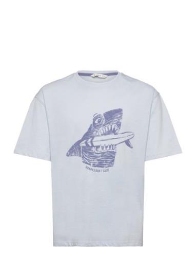 Printed Cotton-Blend T-Shirt Tops T-shirts Short-sleeved Blue Mango