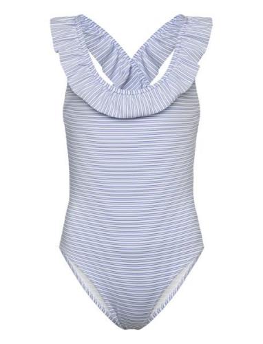 Ruffle Striped Swimsuit Badedrakt Badetøy Blue Mango