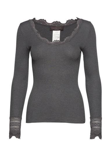 Silk T-Shirt W/ Lace Tops T-shirts & Tops Long-sleeved Grey Rosemunde