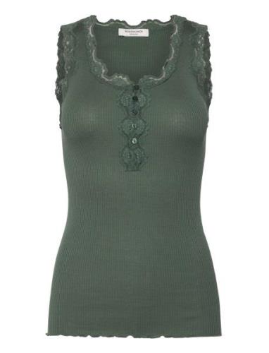 Silk Top W/ Button & Lace Tops T-shirts & Tops Sleeveless Green Rosemu...