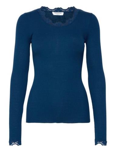 Silk T-Shirt W/ Lace Tops T-shirts & Tops Long-sleeved Blue Rosemunde