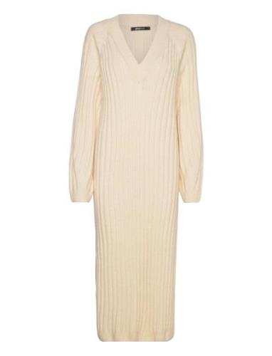 V-Neck Knitted Dress Knelang Kjole Cream Gina Tricot