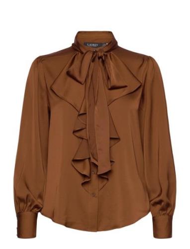 Ruffle-Trim Satin Tie-Neck Blouse Tops Blouses Long-sleeved Brown Laur...