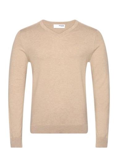 Slhberg Ls Knit V-Neck Noos Tops Knitwear V-necks Beige Selected Homme