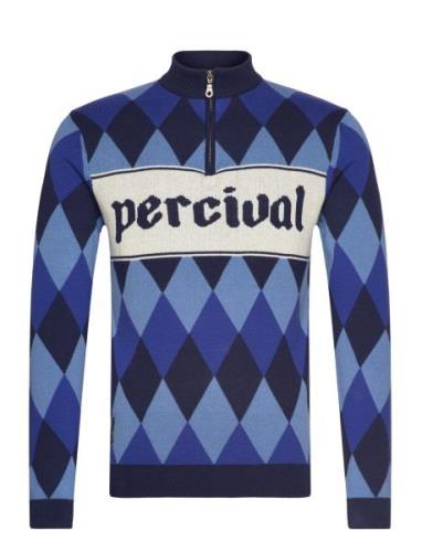 Harlequinn Zip Pullover Tops Knitwear Half Zip Jumpers Blue Percival