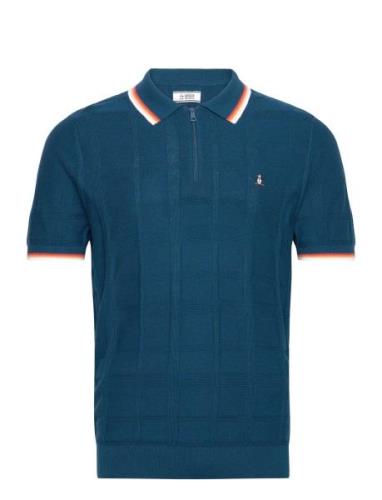 Swtr Polo 1/4 Zip Jq Tops Knitwear Short Sleeve Knitted Polos Blue Ori...