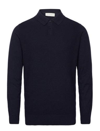 Cosy Structured Knit Polo Tops Knitwear Long Sleeve Knitted Polos Navy...