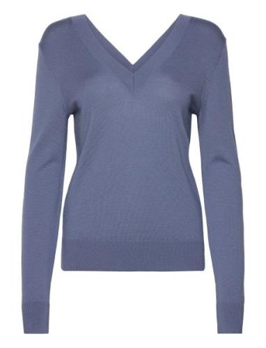 Merino Wool V-Neck Sweater Tops Knitwear Jumpers Blue Calvin Klein