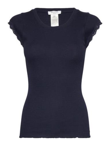 Short Sleeve Top W/ Lace Tops T-shirts & Tops Short-sleeved Navy Rosem...