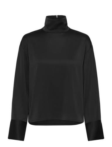 2Nd Francisca - Heavy Satin Tops Blouses Long-sleeved Black 2NDDAY