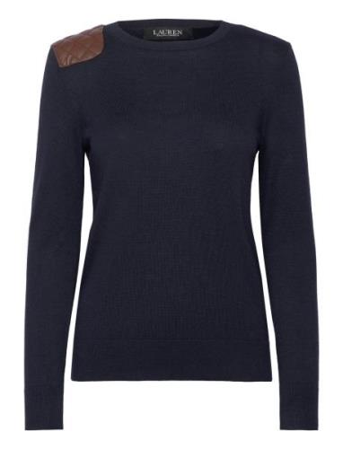 Faux-Leather-Trim Cotton-Blend Sweater Tops Knitwear Jumpers Navy Laur...