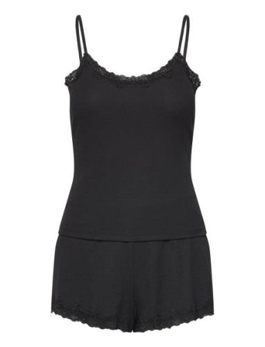 Pj Cami Short Rib Lace Pyjamas Black Hunkemöller