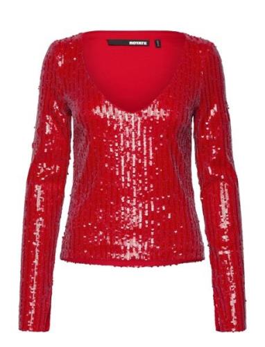 Sequins Ls V-Neck Top Tops Blouses Long-sleeved Red ROTATE Birger Chri...