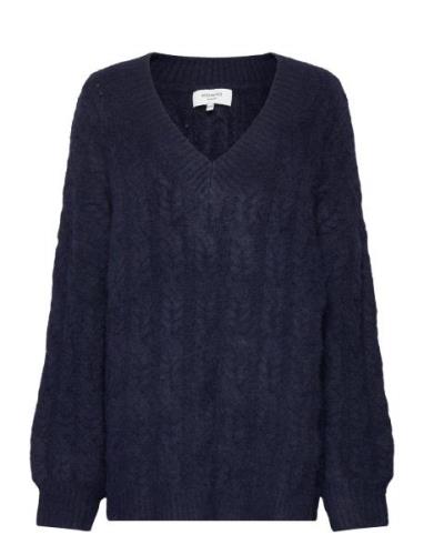 Cable Knit V-Neck Tops Knitwear Jumpers Navy Rosemunde