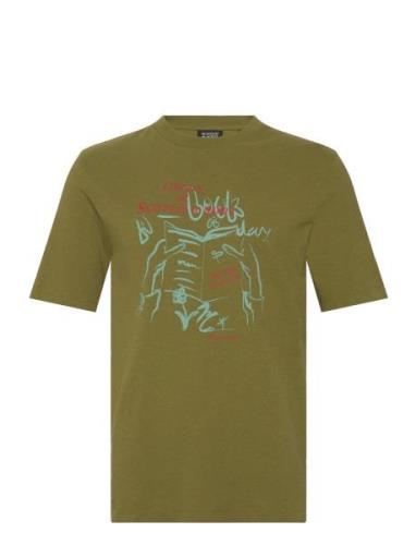 Linen Blend Front Artwork T-Shirt Tops T-shirts Short-sleeved Green Sc...