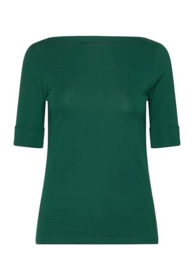 Stretch Cotton Boatneck Tee Tops T-shirts & Tops Short-sleeved Green L...