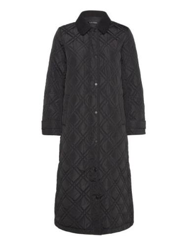 Corduroy-Trim Diamond Quilted Maxi Coat Vattert Jakke Black Lauren Ral...