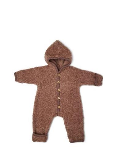 Jumpsuit Bouclé Merino Wool W. Buttons And Hoodie Jumpsuit Brown Small...