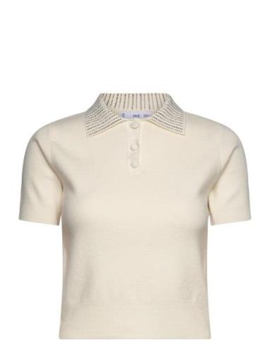 Knitted Polo Shirt With Rhinest Collar Tops Knitwear Jumpers Cream Man...