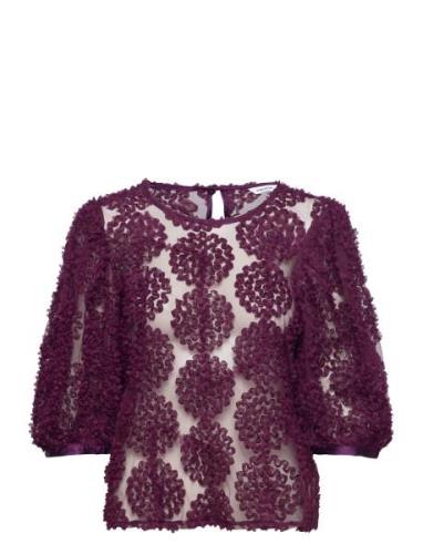 Nadja 3D Flower Puff Sleeve Blouse Tops Blouses Short-sleeved Burgundy...