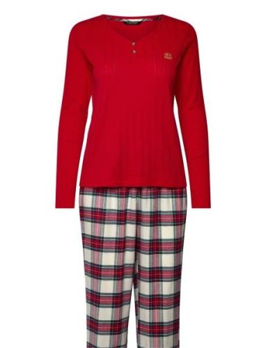 Lrl L/S Knit Henley Long Pant Pj Set Pyjamas Red Lauren Ralph Lauren H...