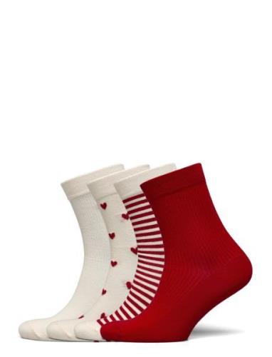 Sock 4 P Lurex Heart Stripe Lingerie Socks Regular Socks Red Lindex